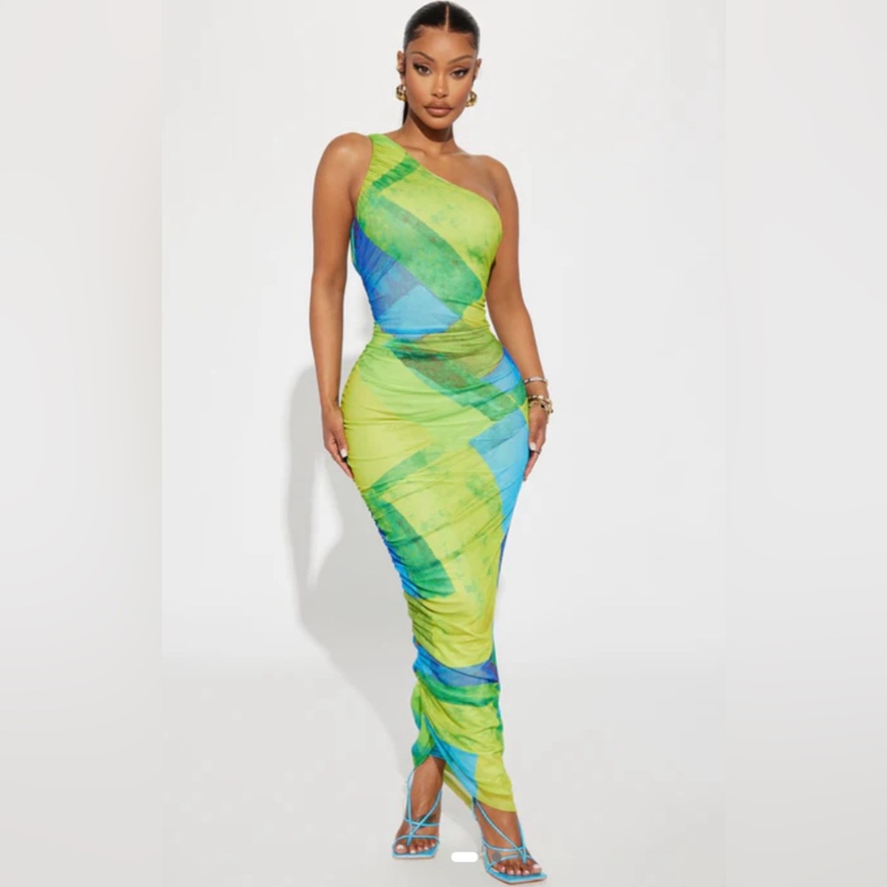 Fashion Nova Asymmetrical One Shoulder Green and Blue Cocktail Dress